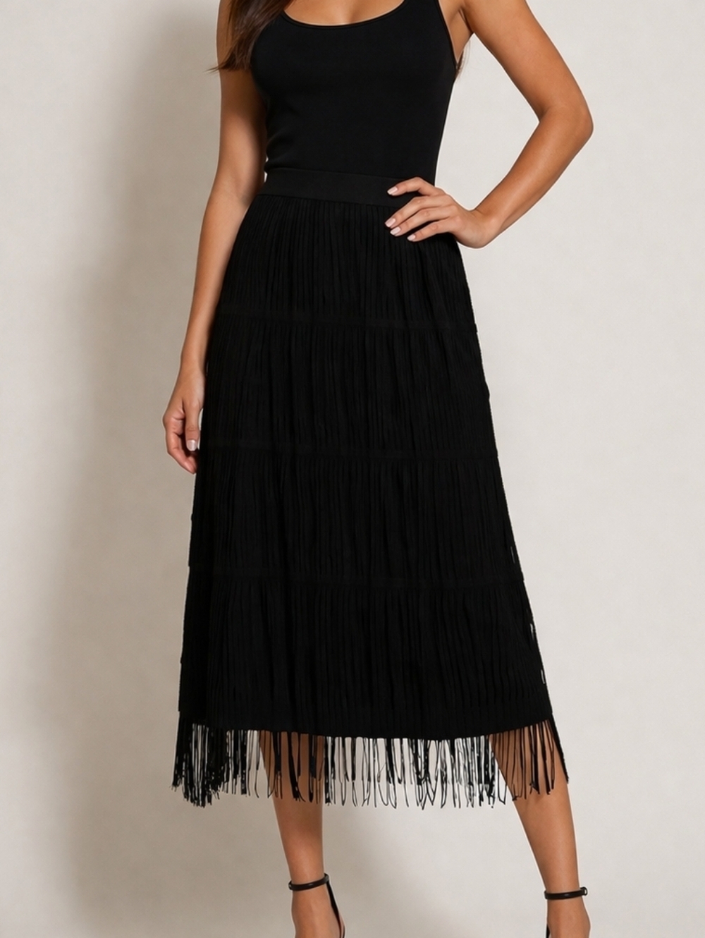 AOMEI Black Tassel Fringe Flapper Festival Midi Skirt